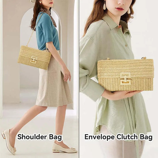 Borsa in paglia elegante con tracolla a catena per estate donna
