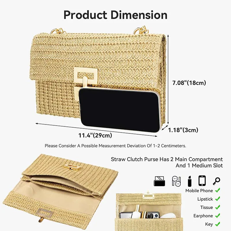 Borsa in paglia elegante con tracolla a catena per estate donna