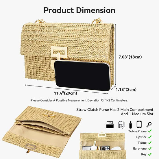 Borsa in paglia elegante con tracolla a catena per estate donna