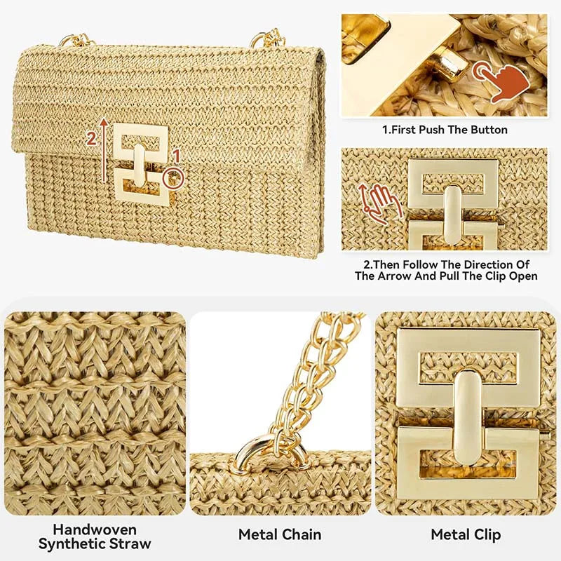 Borsa in paglia elegante con tracolla a catena per estate donna