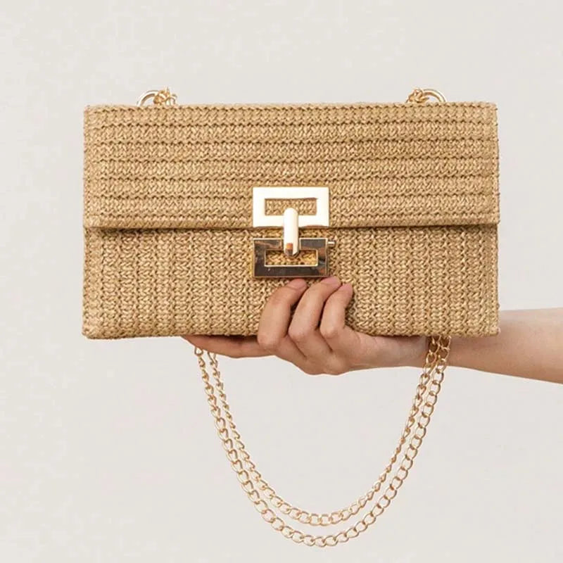 Borsa in paglia elegante con tracolla a catena per estate donna