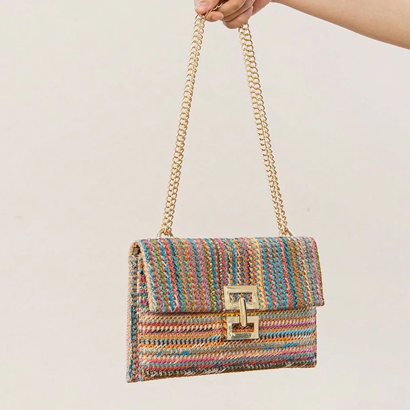 Borsa in paglia elegante con tracolla a catena per estate donna