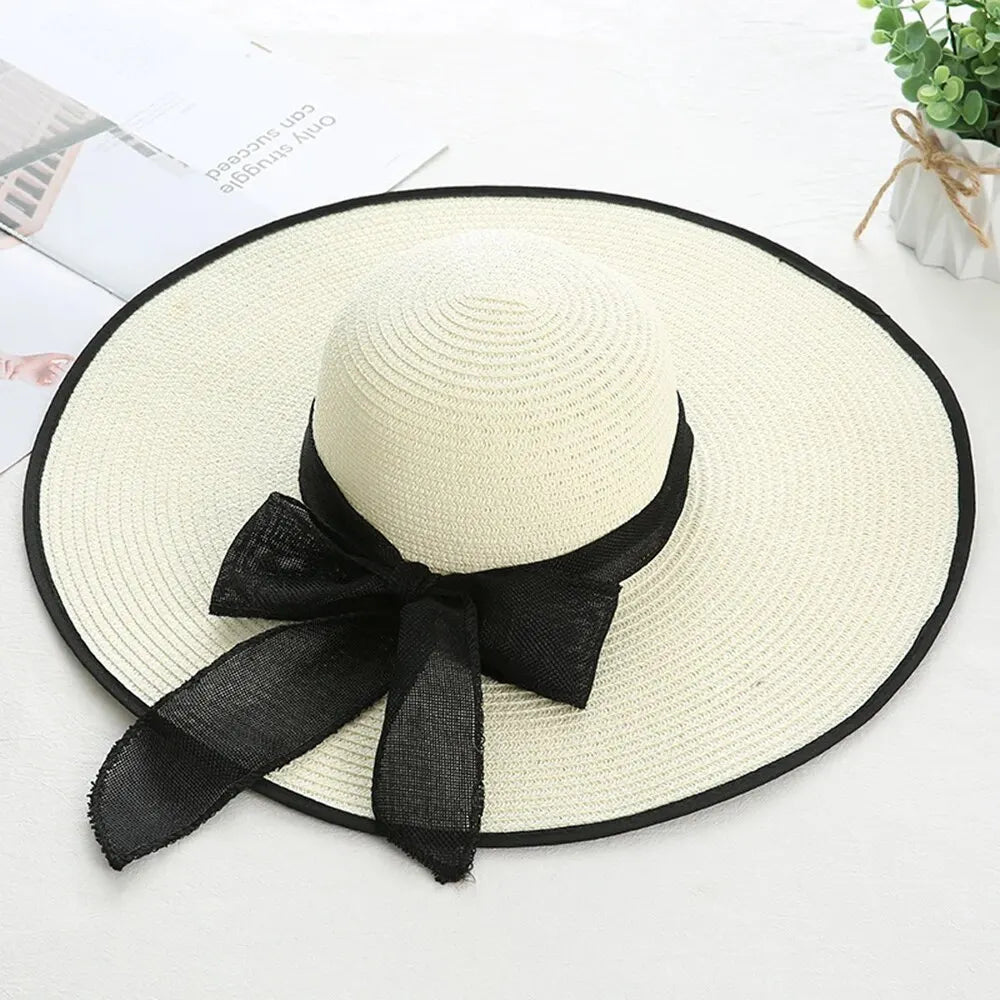  Cappello donna estivo in paglia con fiocco decorativo, tesa larga e colori eleganti