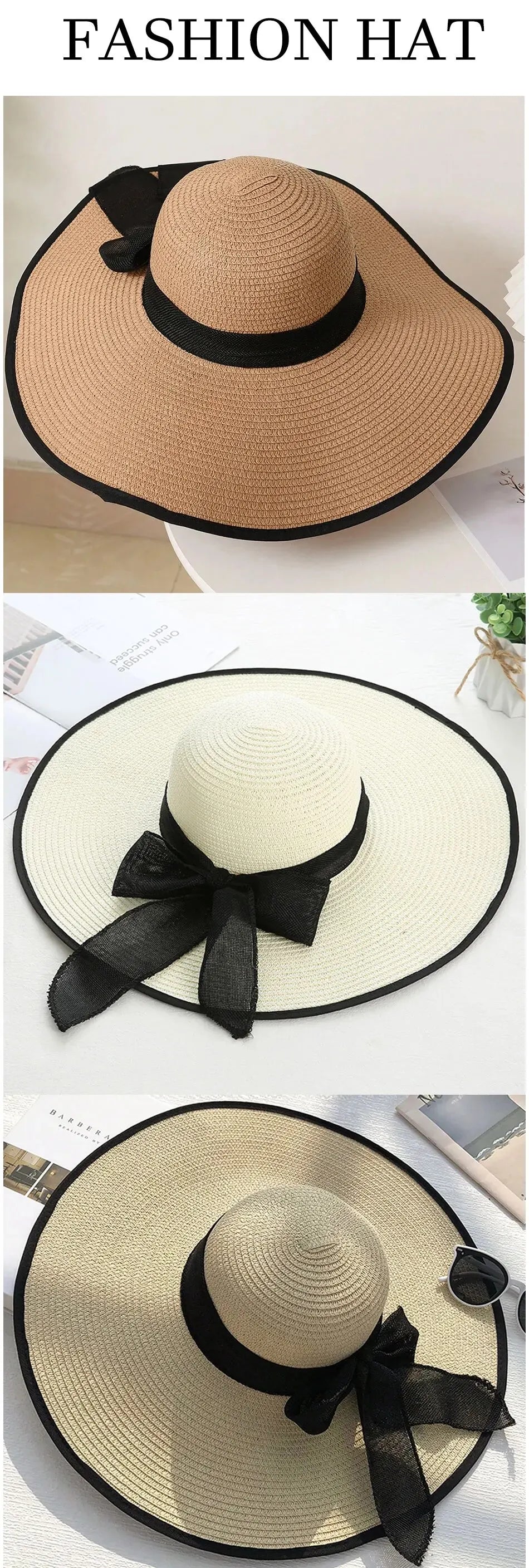  Cappello donna estivo in paglia con fiocco decorativo, tesa larga e colori eleganti