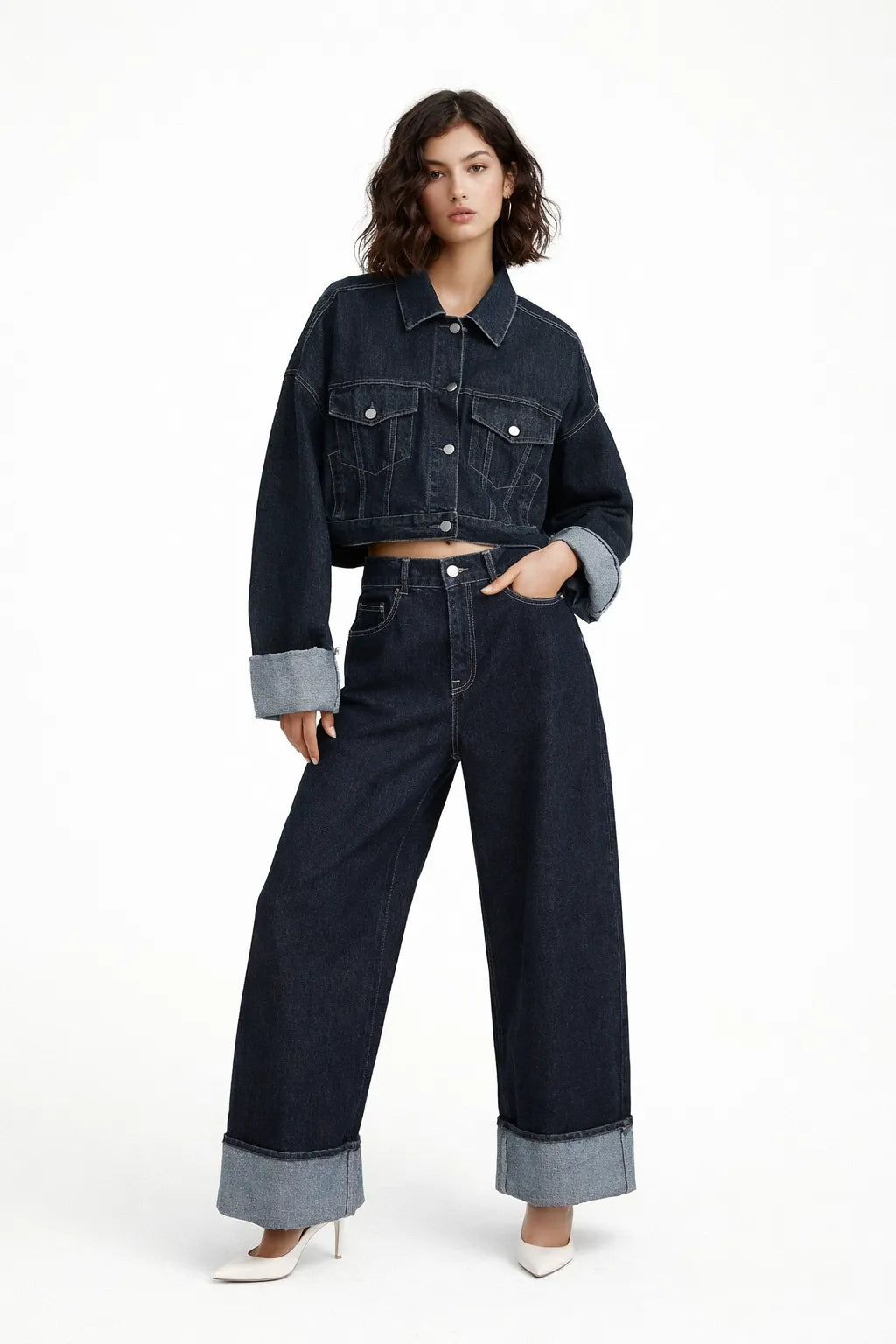 Tuta denim donna 2026 ‒ giacca single-breasted + pantalone wide-leg in denim, completo qualità premium