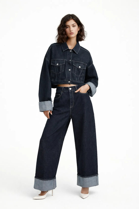 Tuta denim donna 2026 ‒ giacca single-breasted + pantalone wide-leg in denim, completo qualità premium