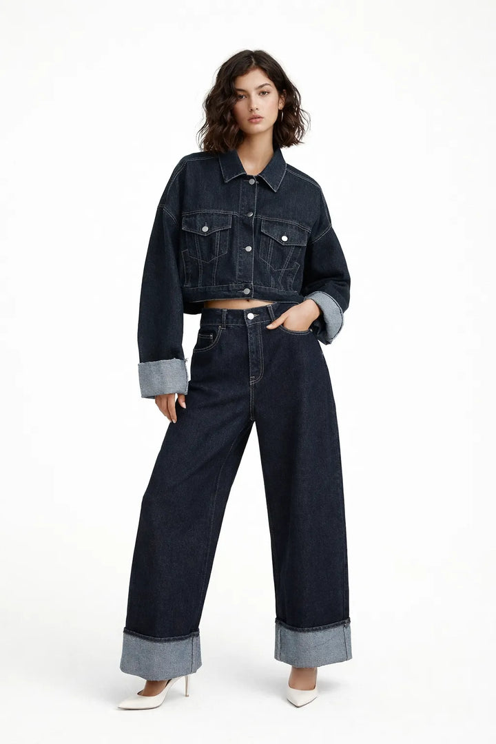 Tuta denim donna 2026 ‒ giacca single-breasted + pantalone wide-leg in denim, completo qualità premium