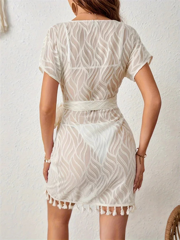 Copricostume lungo donna in pizzo beige con scollo a V per il mare