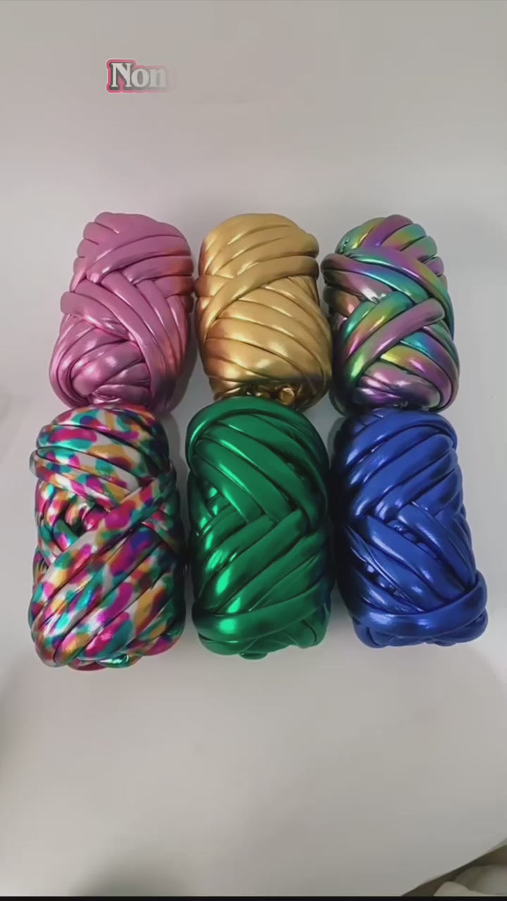 Filato mesh / ecopelle marshmallow per borse e uncinetto – opaco/lucido + pelle intrecciata artigianale