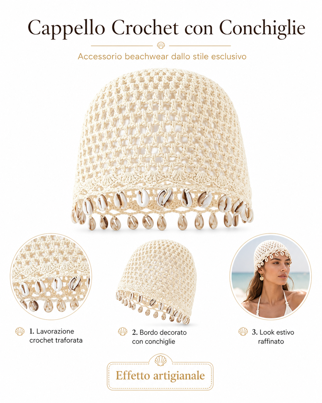 Cappello Crochet Donna con Conchiglie – Accessorio Boho Chic Estivo